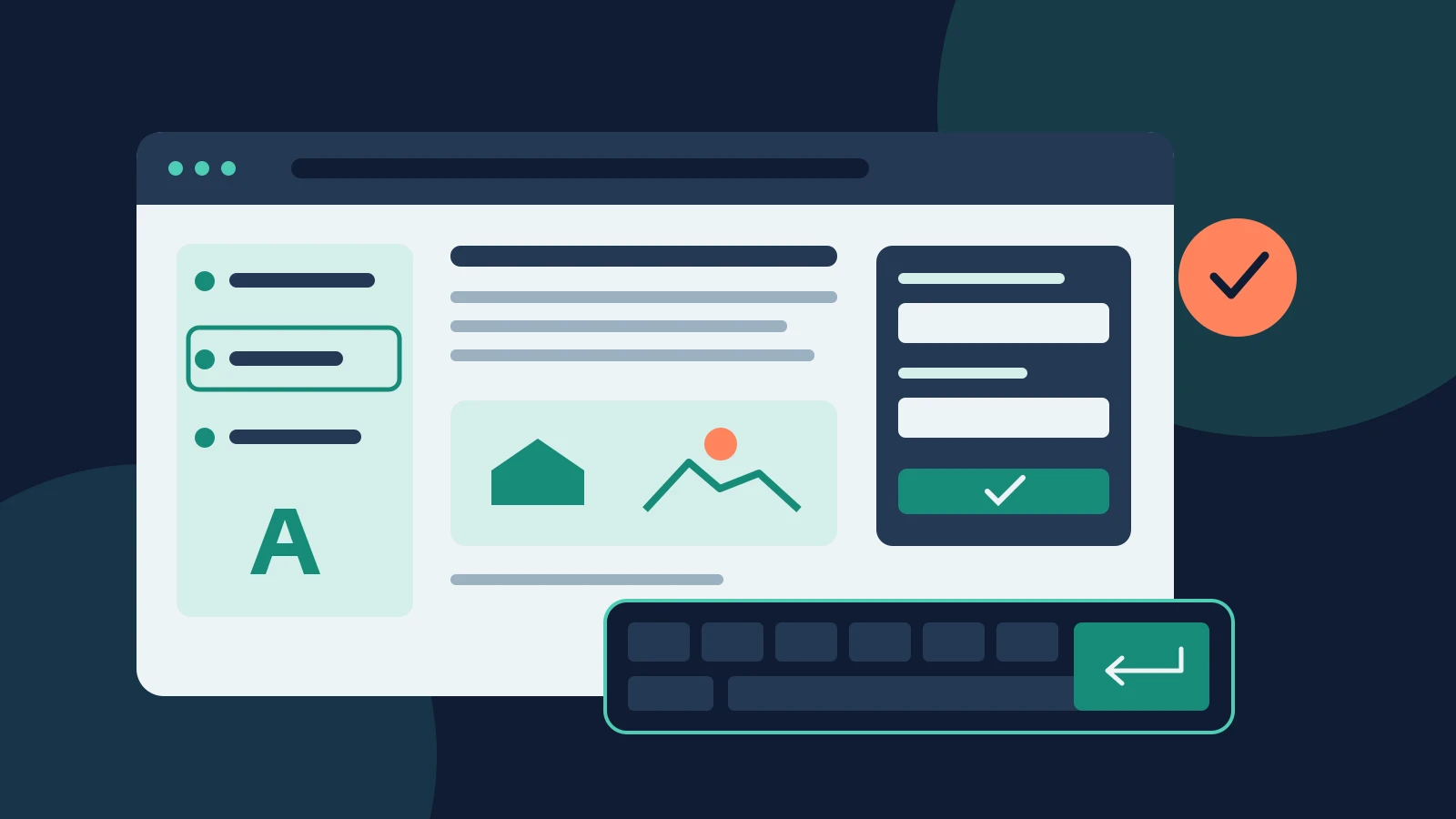 Illustration of an accessible page with keyboard navigation, structured content and a form