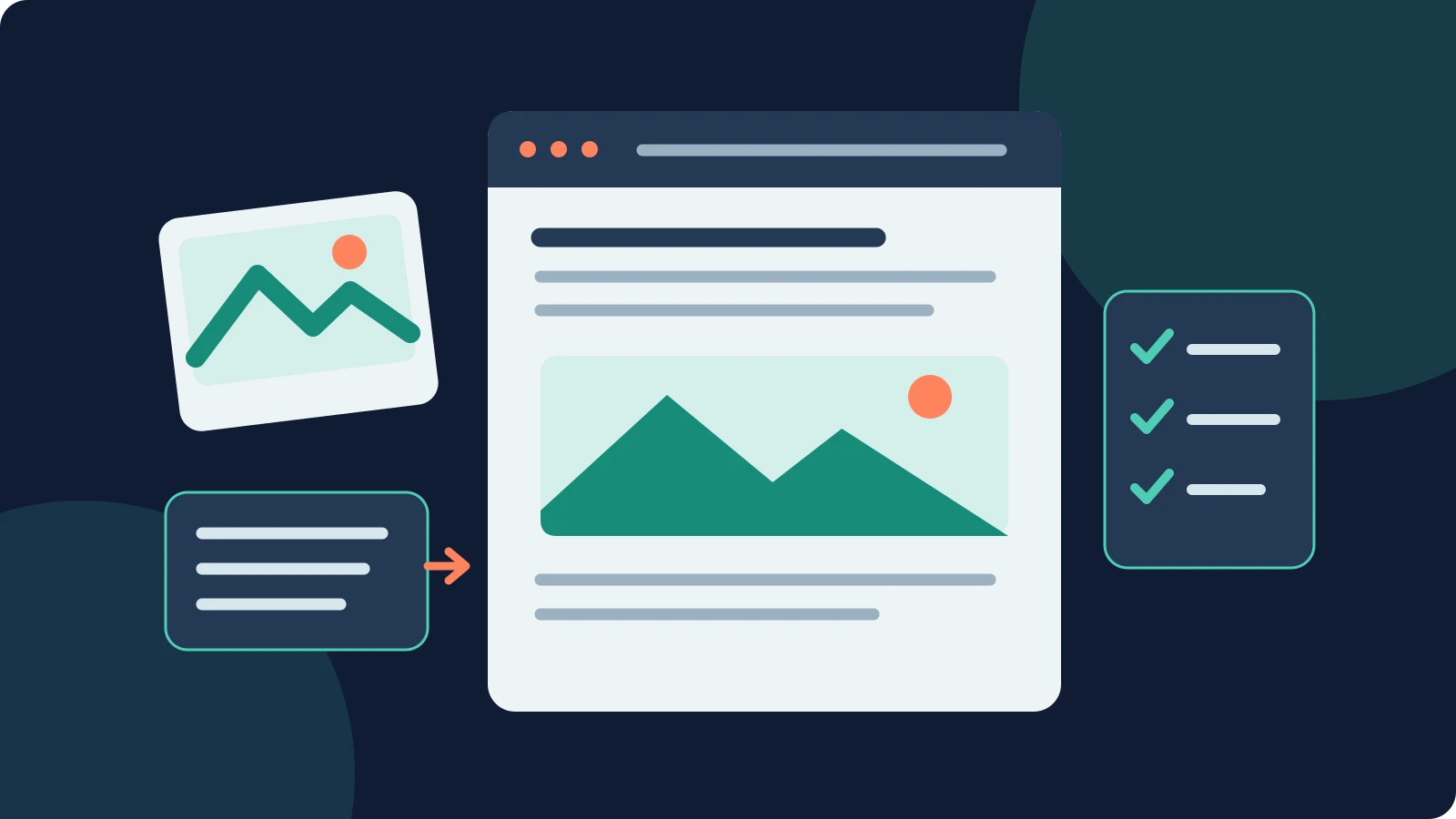 Illustration of text, photos and content assets organized for a web page