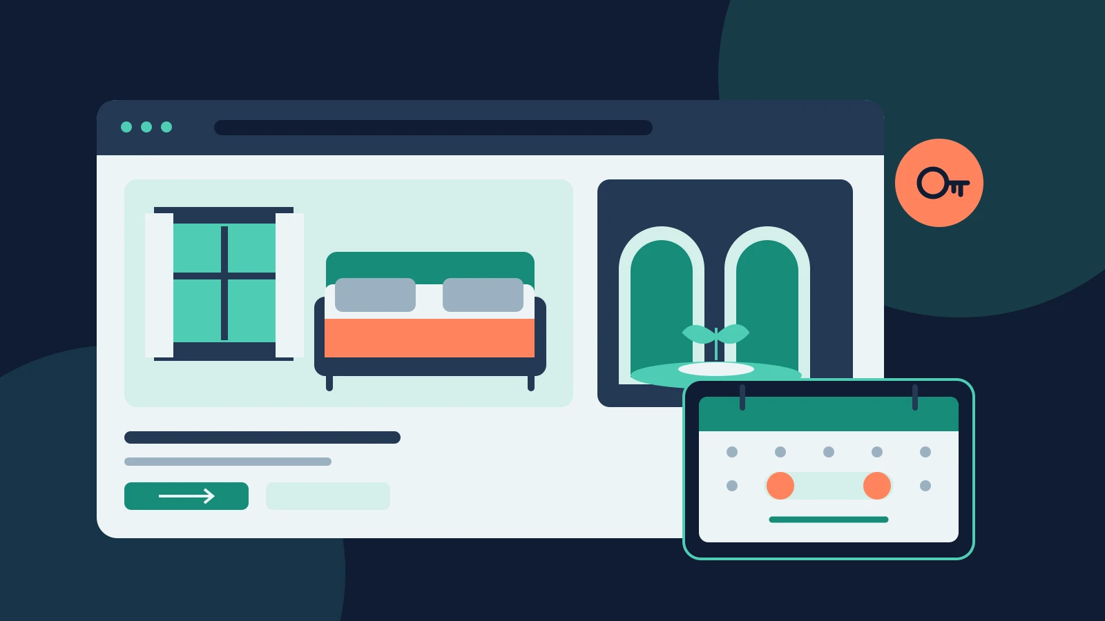 Illustration d’un site d’hébergement avec chambre, patio et calendrier de séjour