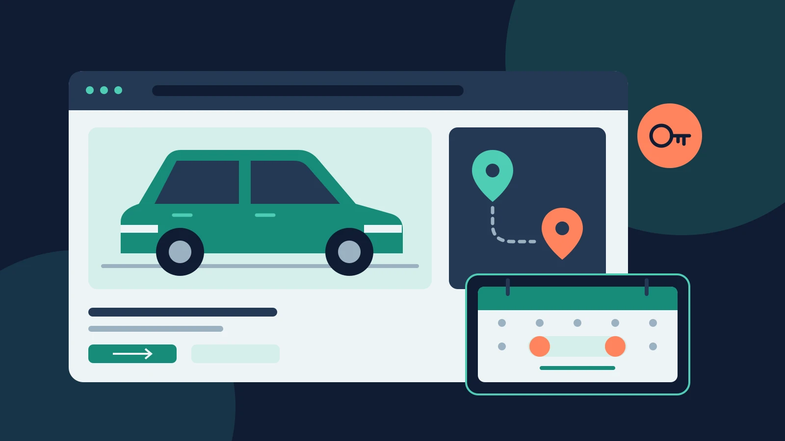 Illustration of a car rental website with a vehicle, locations and calendar