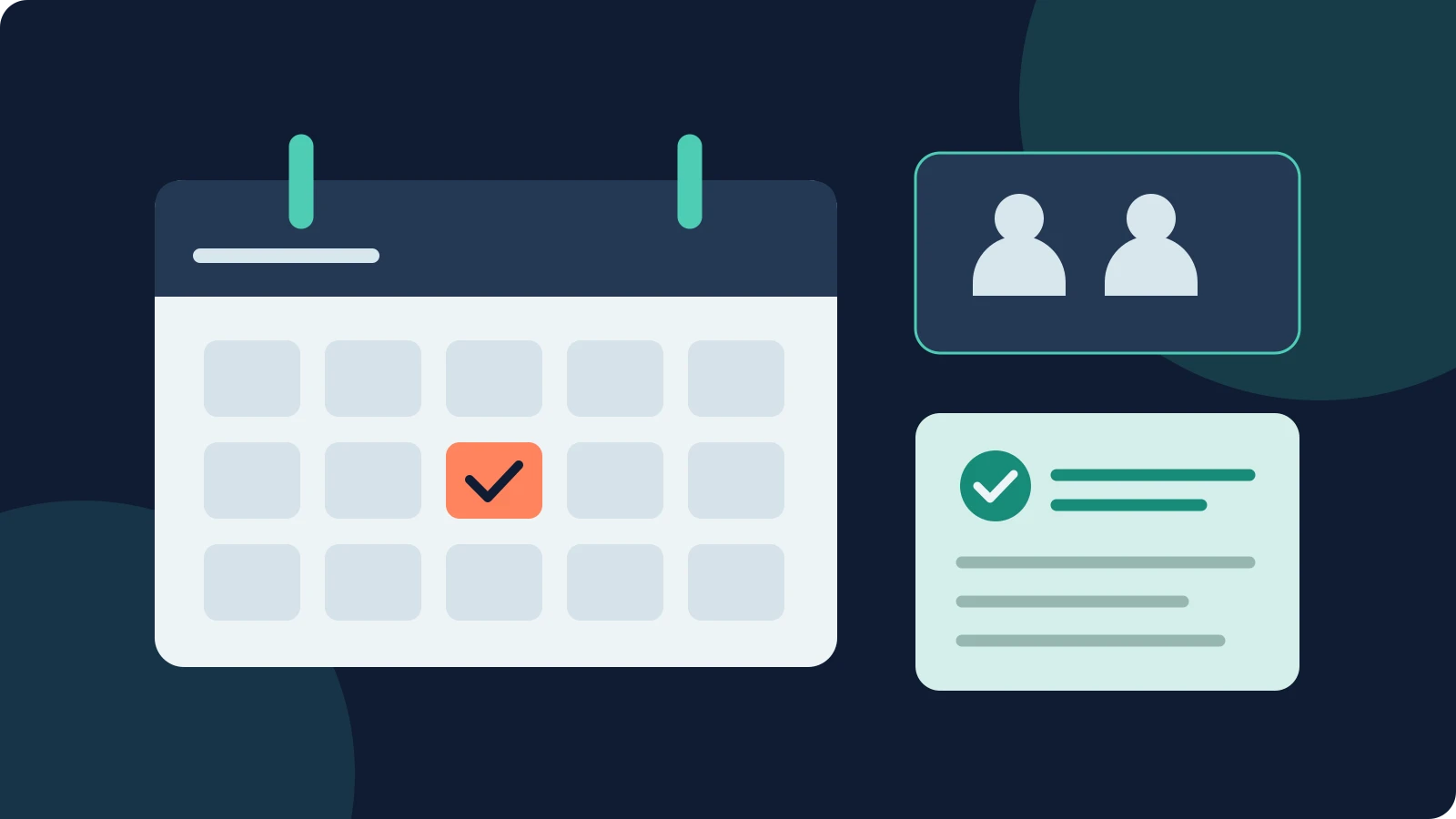 Illustration d’un calendrier, d’un choix de participants et d’une confirmation de réservation